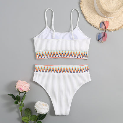 Split Shoulder Strap Chevron Tape Bikini Swimsuit