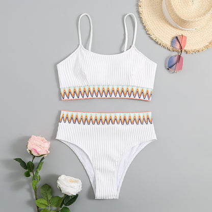 Split Shoulder Strap Chevron Tape Bikini Swimsuit