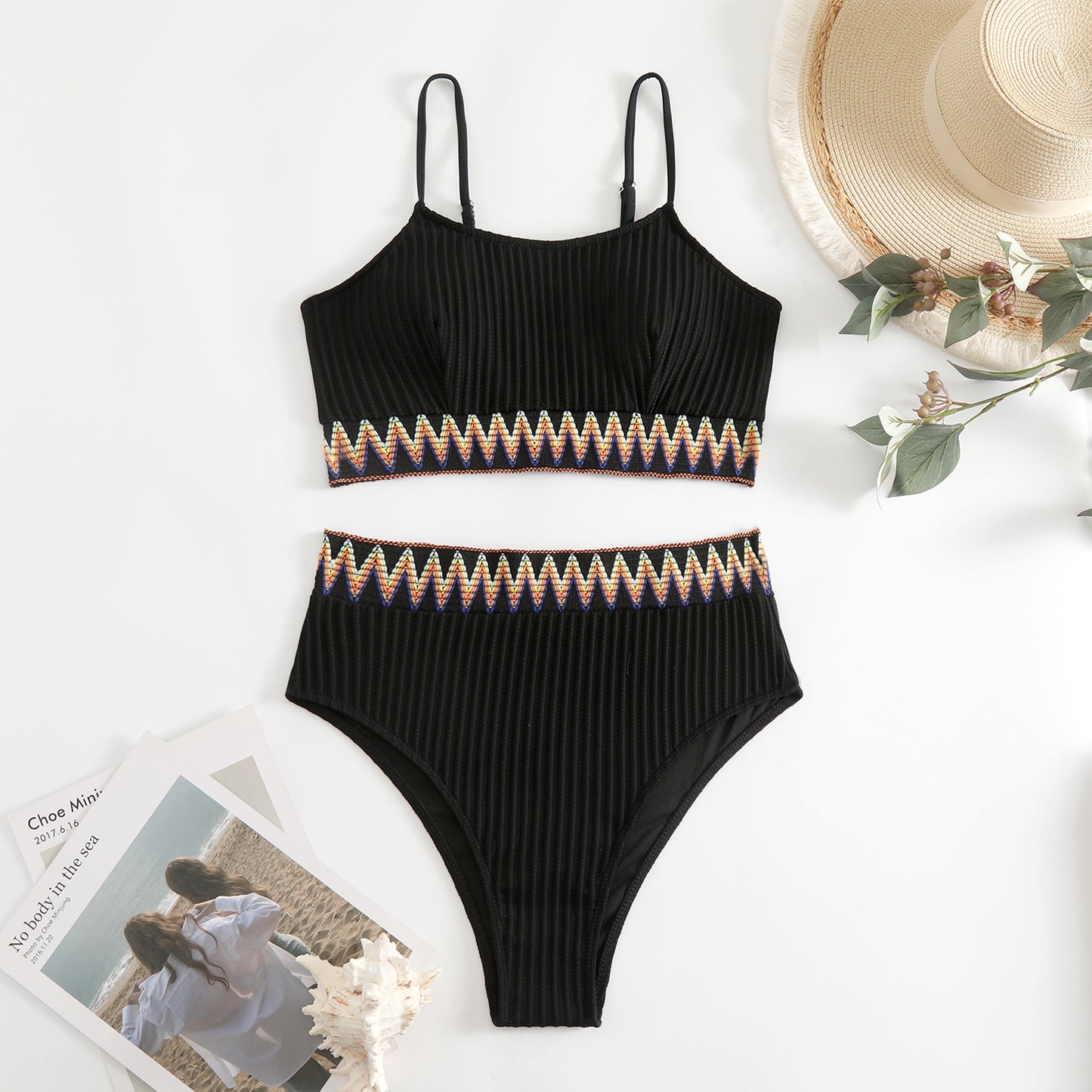 Split Shoulder Strap Chevron Tape Bikini Swimsuit
