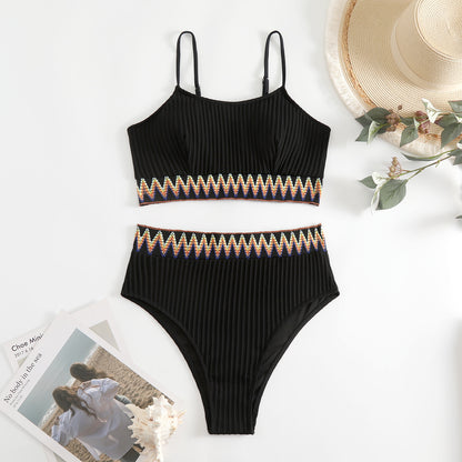 Split Shoulder Strap Chevron Tape Bikini Swimsuit