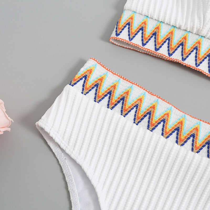 Split Shoulder Strap Chevron Tape Bikini Swimsuit