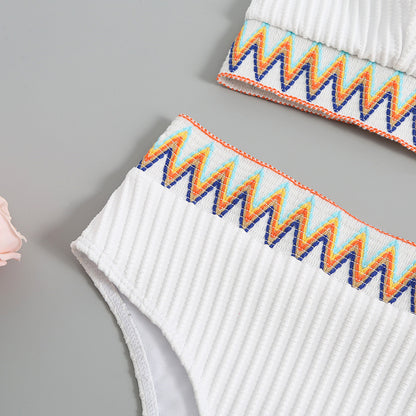 Split Shoulder Strap Chevron Tape Bikini Swimsuit